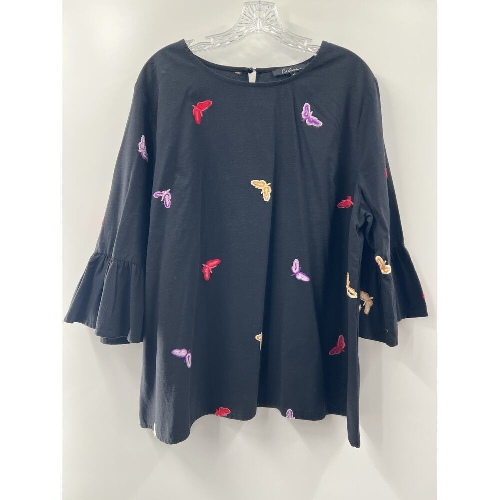 Calessa Women’s 3/4 Bell Sleeve Embroidered Butterflies Blouse Black Size XL